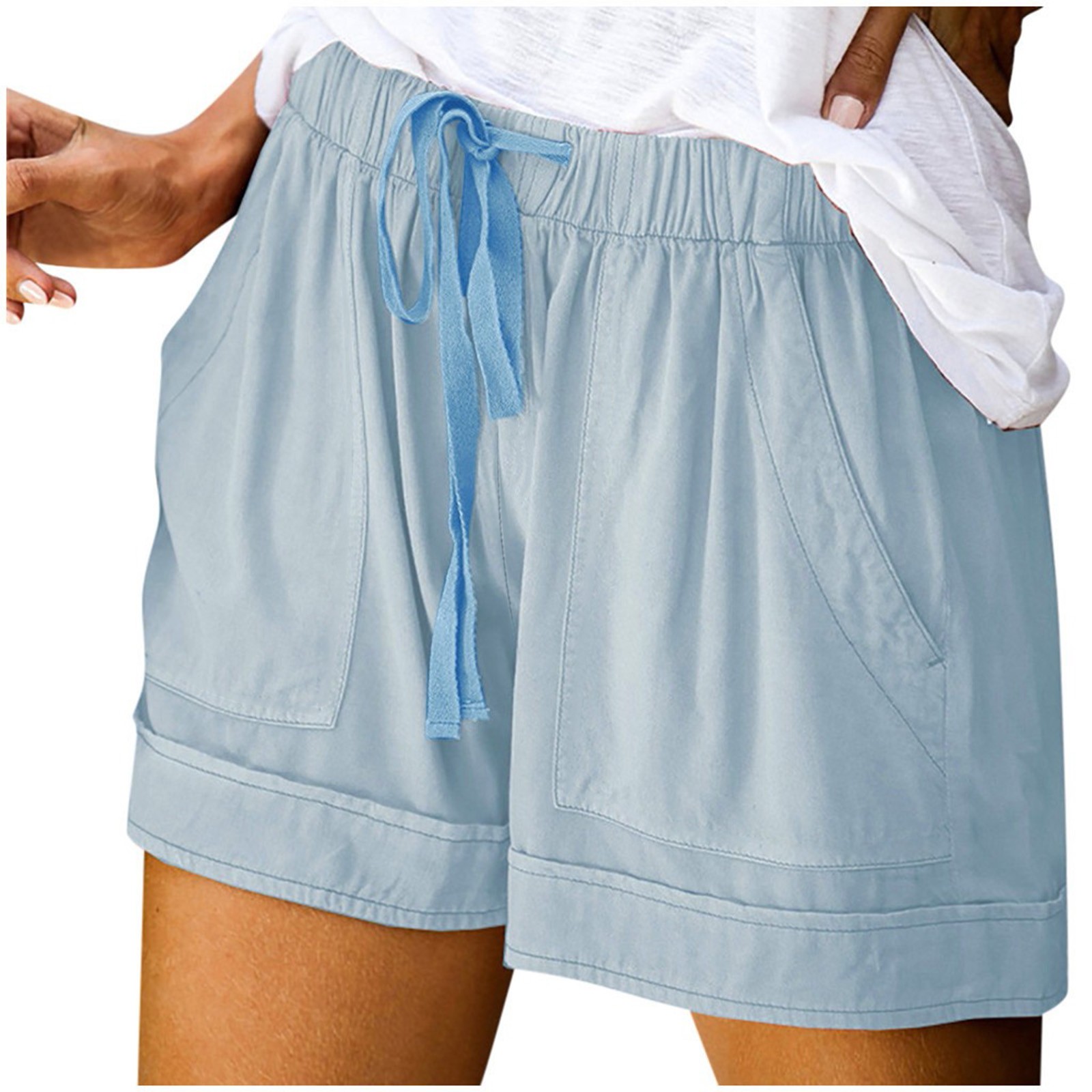 thumbnail image 5 of Pantalones cortos cómodos con cordón y cintura elástica para mujer - Pantalones holgados de color liso con bolsillos - Ropa informal de verano de poliéster, 5 of 8